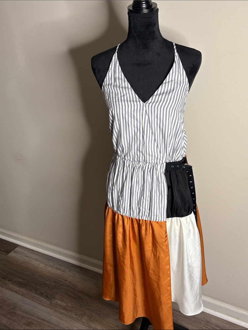 Tibi Striped V-Neck Patchwork Midi Dress in Orange, Black & White